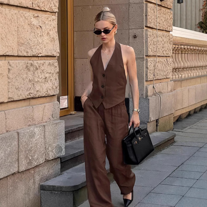 Damen Zweiteiliges Set aus leichtem Leinen mit bequemen Schnitt und modischer Weste Drune