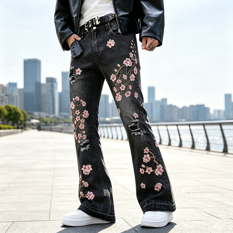 Damen Modische Flared Jeans mit Blumenstickerei Drune