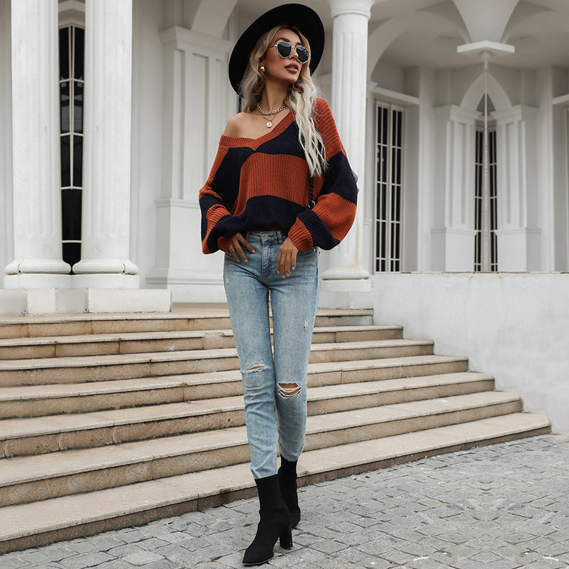 Damen Gestreifter Oversize V‑Ausschnitt Pullover im Grobstrick Drune