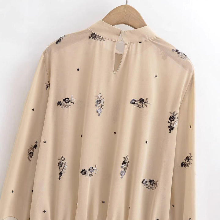 Damen Chiffonbluse mit floraler Pailletten-Stickerei, Stehkragen und geraffter Taillenpasse Drune