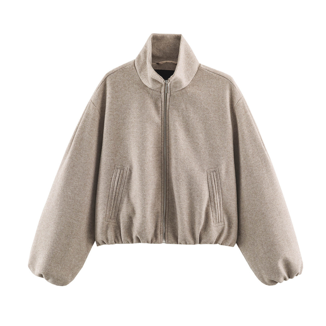 Damen Cropped Wolloptik‑Bomberjacke mit hohem Stehkragen und verdeckten Eingrifftaschen Drune