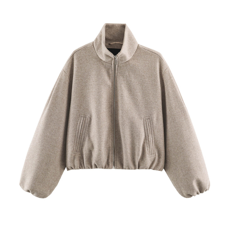 Damen Cropped Wolloptik‑Bomberjacke mit hohem Stehkragen und verdeckten Eingrifftaschen Drune