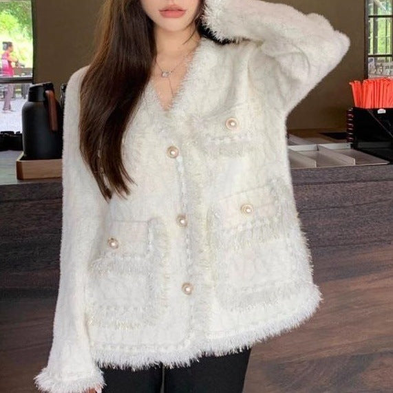 Damen Flauschige Strickjacke mit Perlen-Dekor Drune