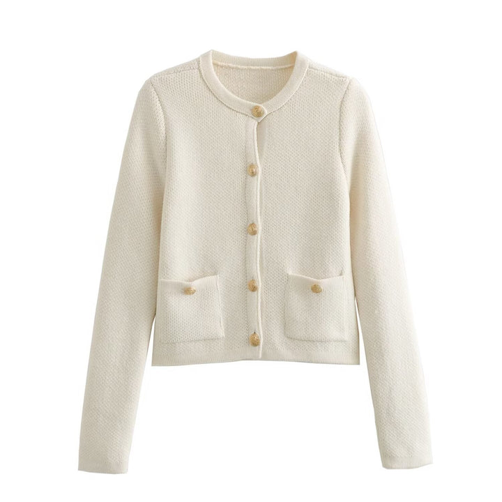 Damen Kurzgeschnittener Bouclé-Cardigan mit Rundhals, Pattentaschen und Münzknöpfen Drune