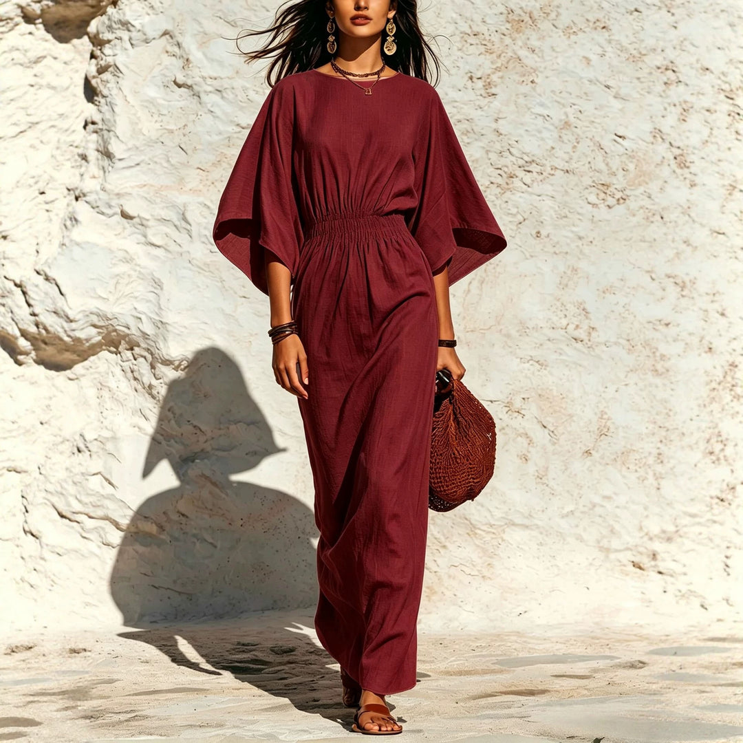 Damen Maxikleid mit Fledermausärmeln und geraffter Smock-Taillierung Drune