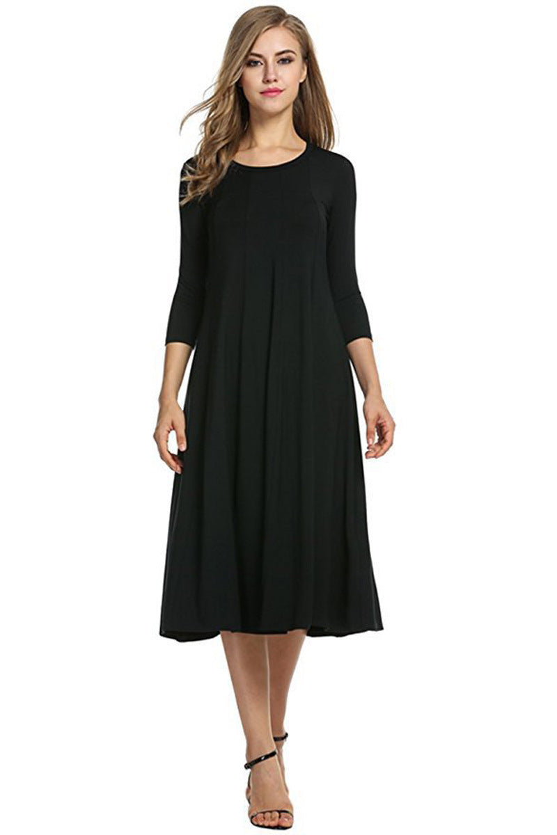 Drune | Quadrat-Ausschnitt 3/4-Lange Uni-Farbe Midi-Kleid