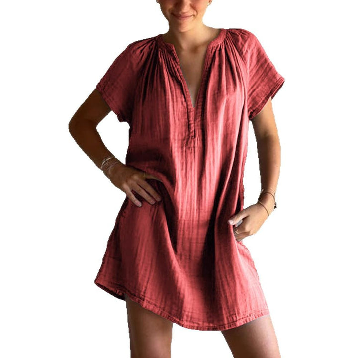 Damen lässiges Tunika-Kleid mit tiefem V-Ausschnitt und Raffung Drune