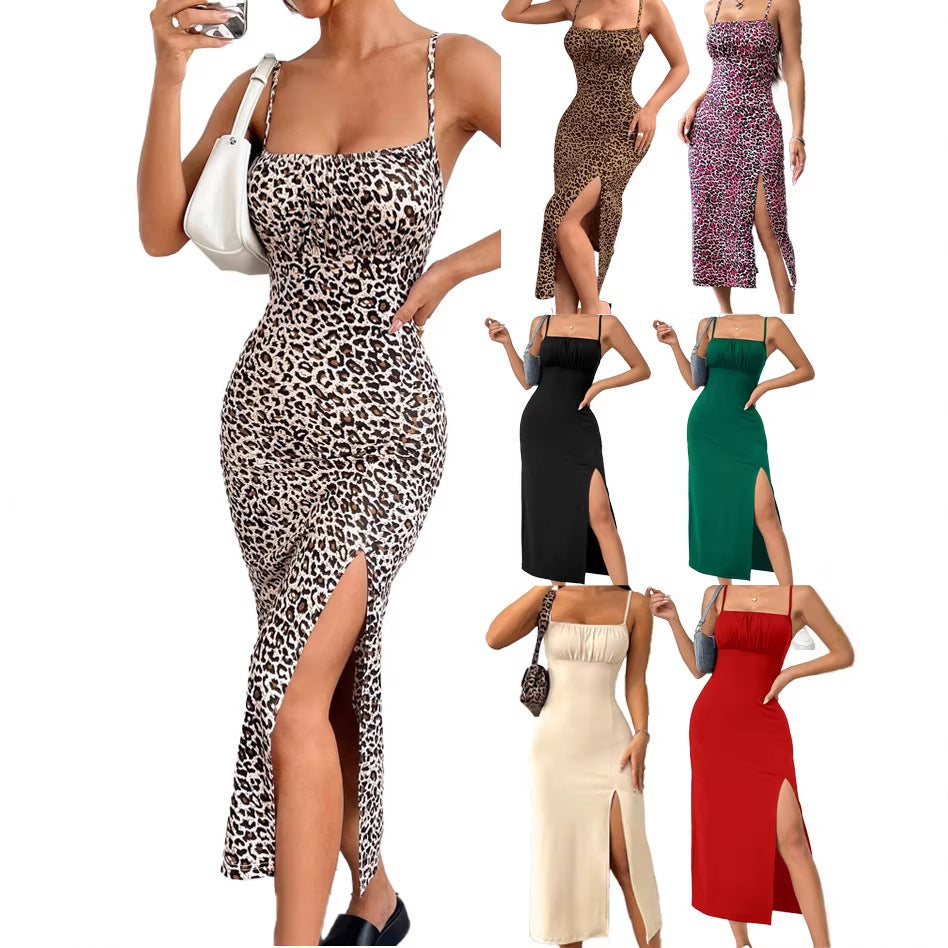 Damen figurbetontes Maxikleid mit elegantem Schlitz und schmalen Spaghetti-Trägern Drune