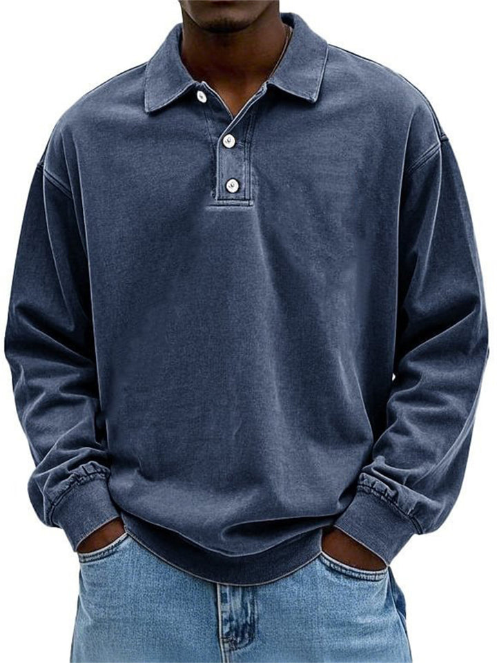 Herren Oversize Denim-Look Polo-Sweatshirt mit kurzer Knopfleiste und elastischen Bündchen EB