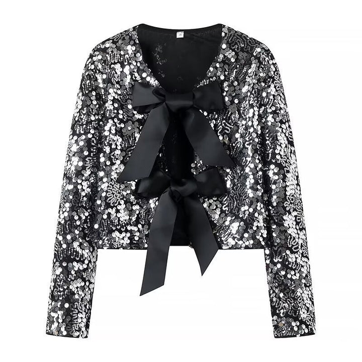 Damen Kurzjacke mit Paillettenbesatz und Zierschleifen-Front Drune