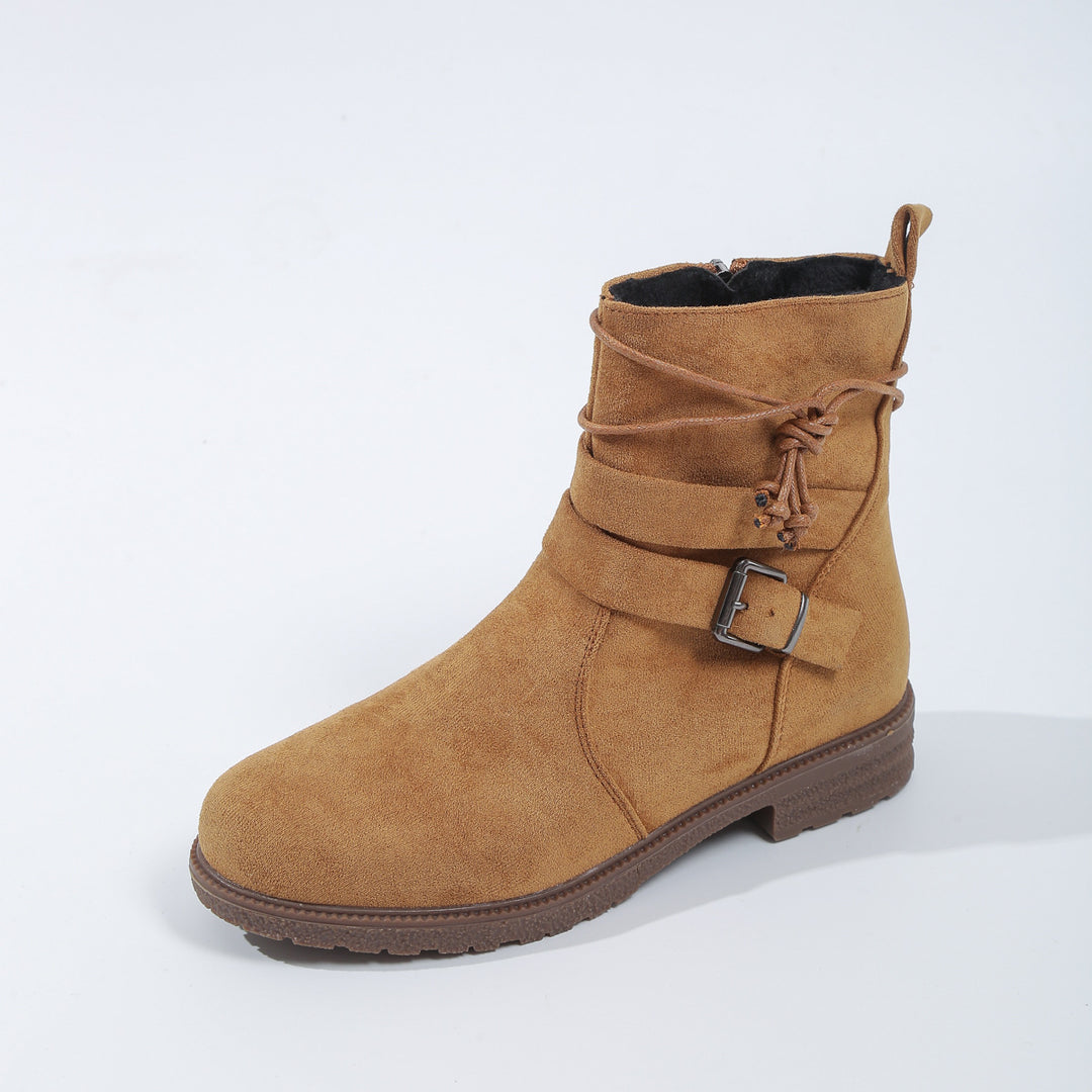 Damen nan gefütterte Ankle-Boots mit Wickelriemen, dekorativer Metallschnalle und rutschfester Profilsohle Drune