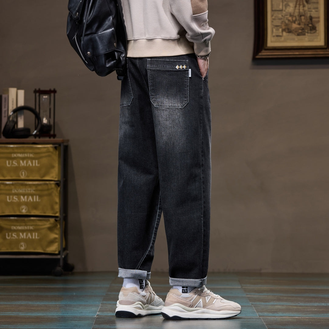 Herren Weite gerade geschnittene Denim-Jeans mit Used‑Wash und Umschlagbund Drune