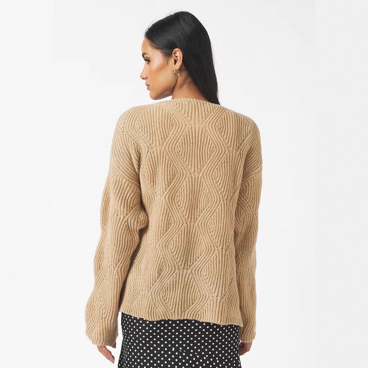 Damen Oversize Strickpullover mit V-Ausschnitt, Kordelzug und Rautenstruktur Drune