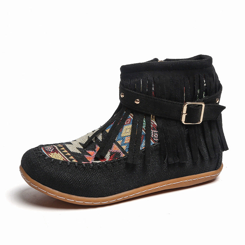 Damen Fransen-Short-Boots aus hochwertigem Stoff mit buntem Ethno-Muster Drune