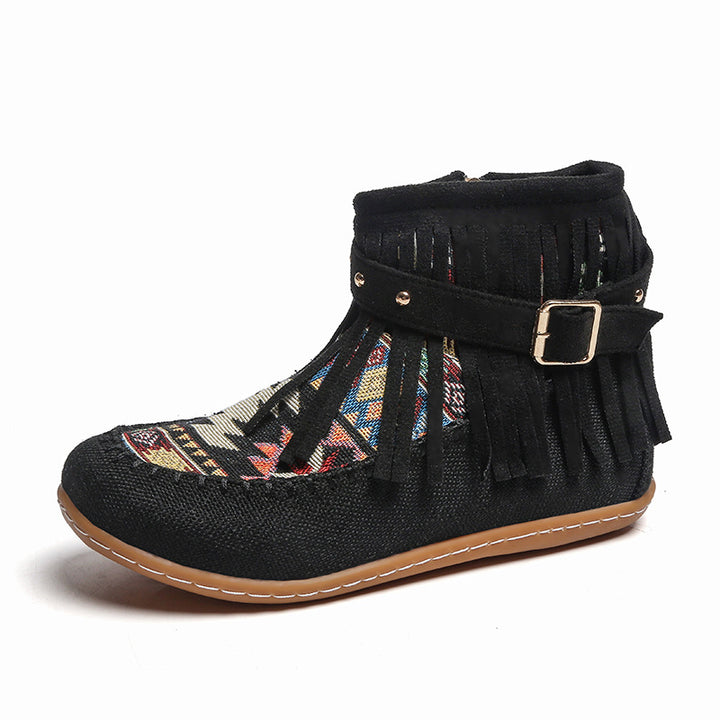 Damen Fransen-Short-Boots aus hochwertigem Stoff mit buntem Ethno-Muster Drune