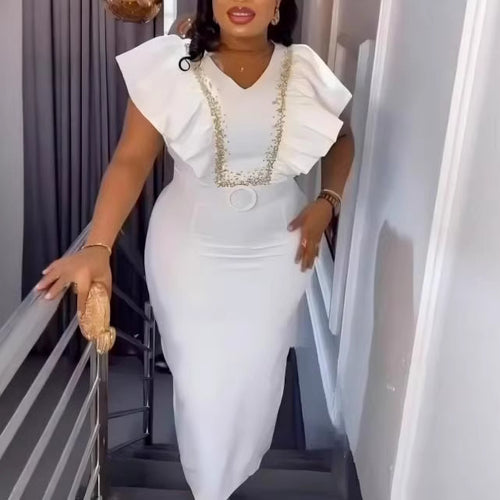 Damen Elegantes Maxikleid mit dekorativen Rüschen und schimmerndem Gürtel Drune
