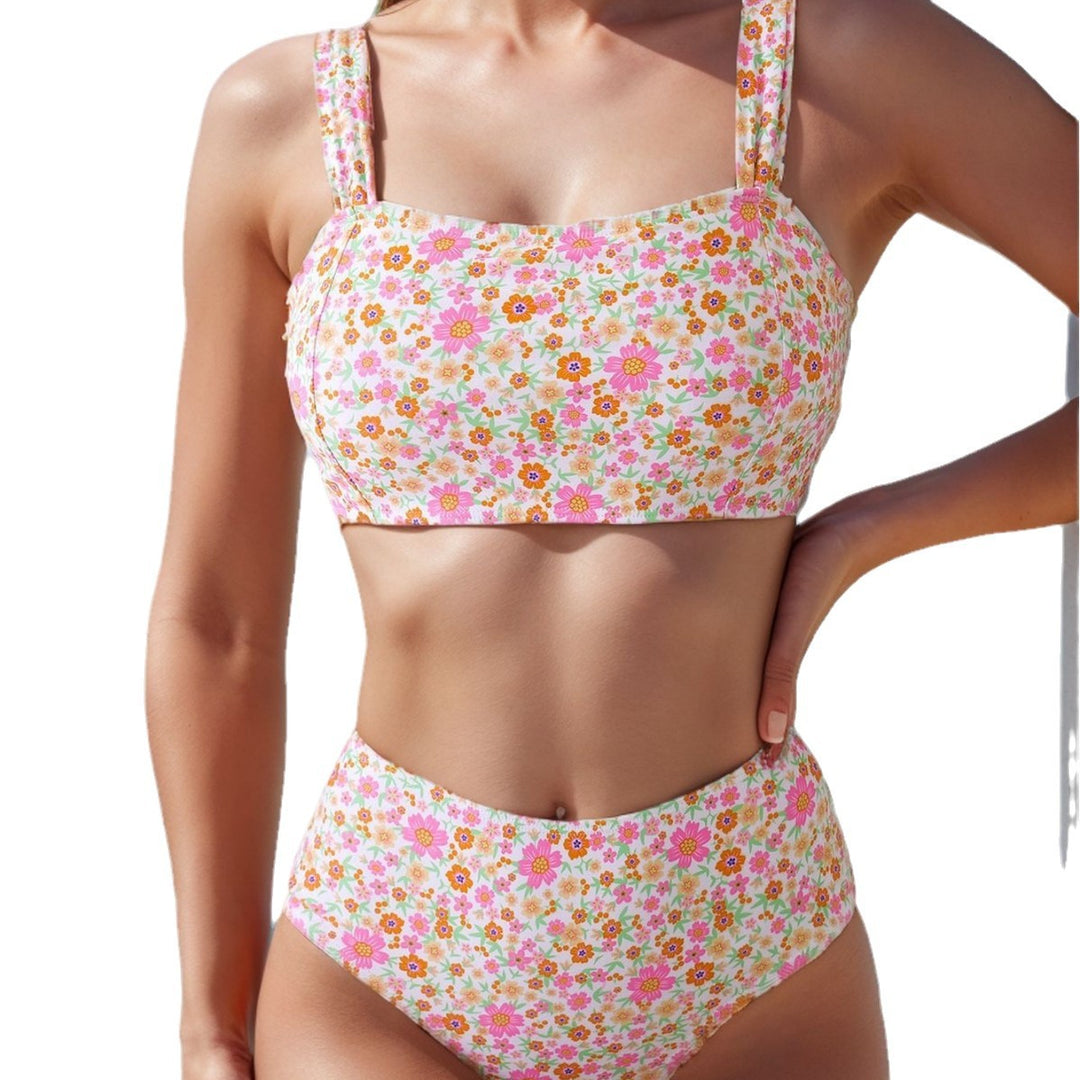 Damen Hochgeschnittener Bikini mit Blumenmuster und breiten Trägern Drune