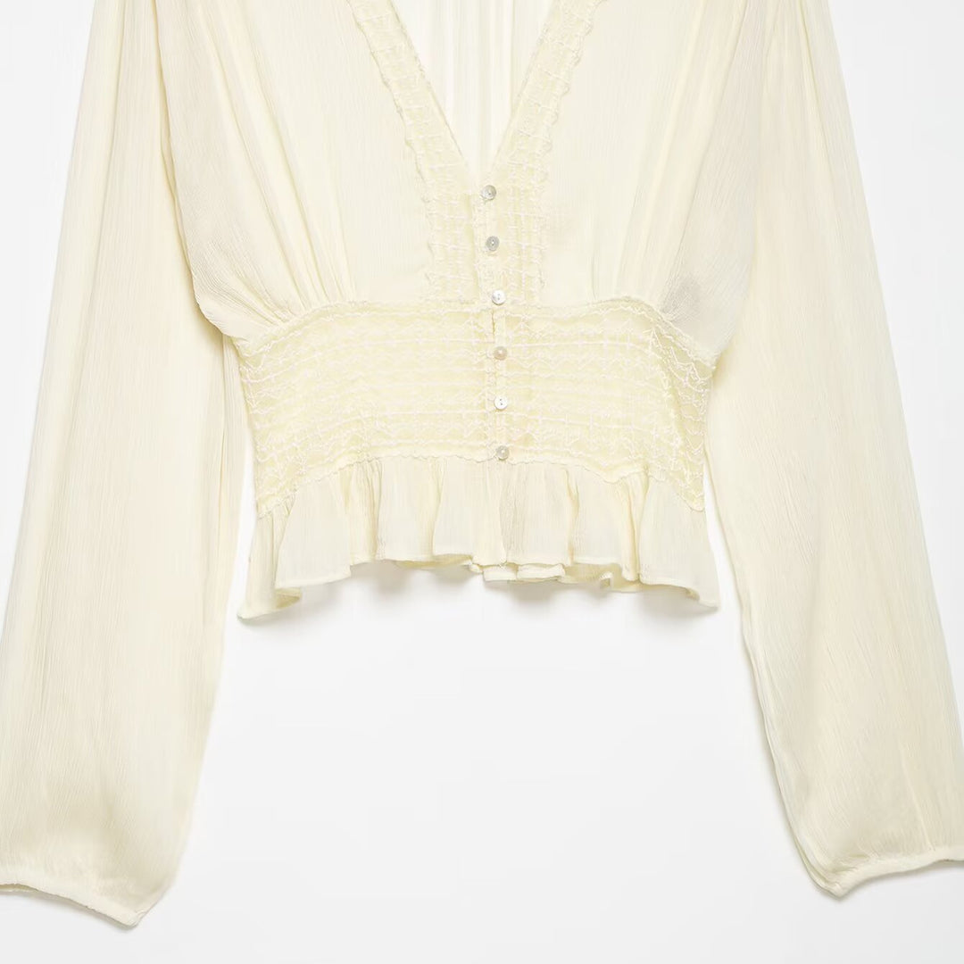 Damen Leichte Bluse mit V‑Ausschnitt, Smokbund und Volantsaum Drune