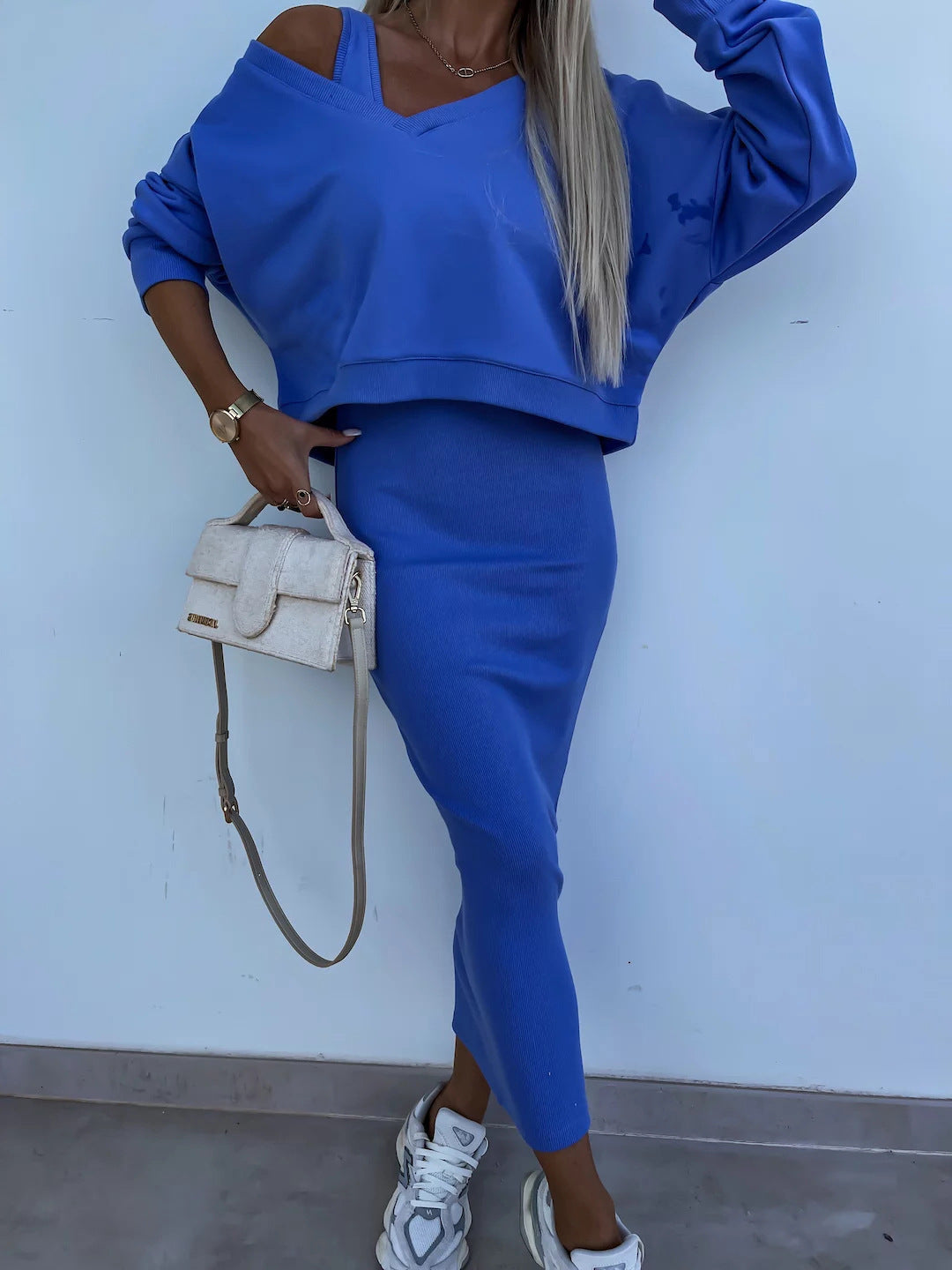 Damen weiches geripptes Lounge-Set mit Oversize-Viskoseshirt und High-Waist Schlaghose Drune