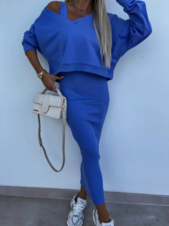 Damen weiches geripptes Lounge-Set mit Oversize-Viskoseshirt und High-Waist Schlaghose Drune