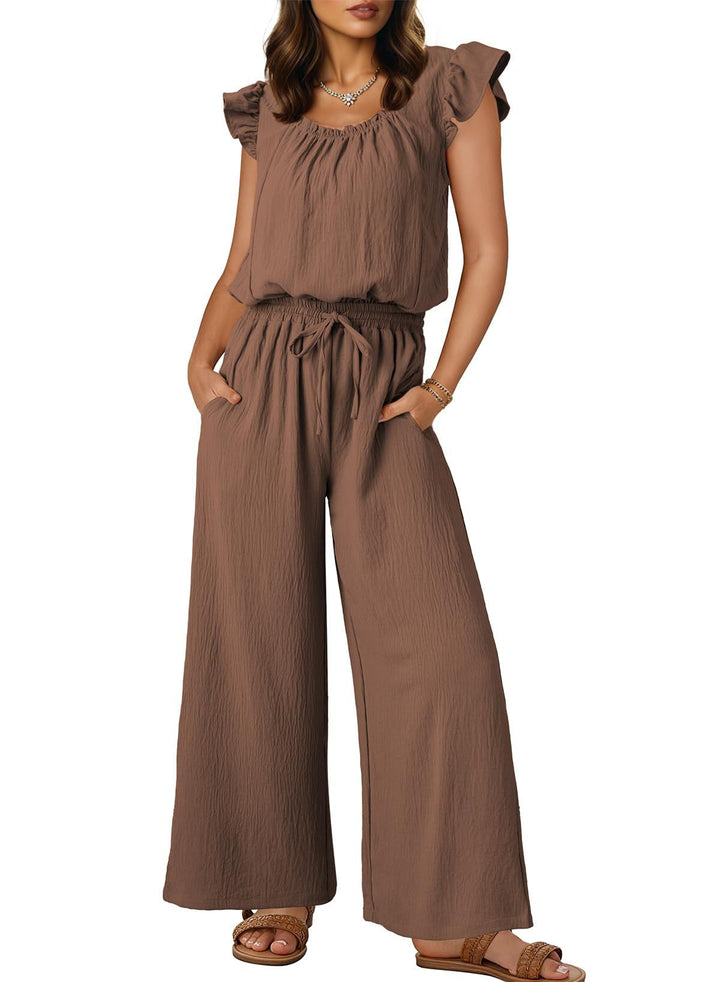 Damen Crinkle-Overall mit weitem Bein, elastischem Taillenbund und Rüschenärmeln Drune