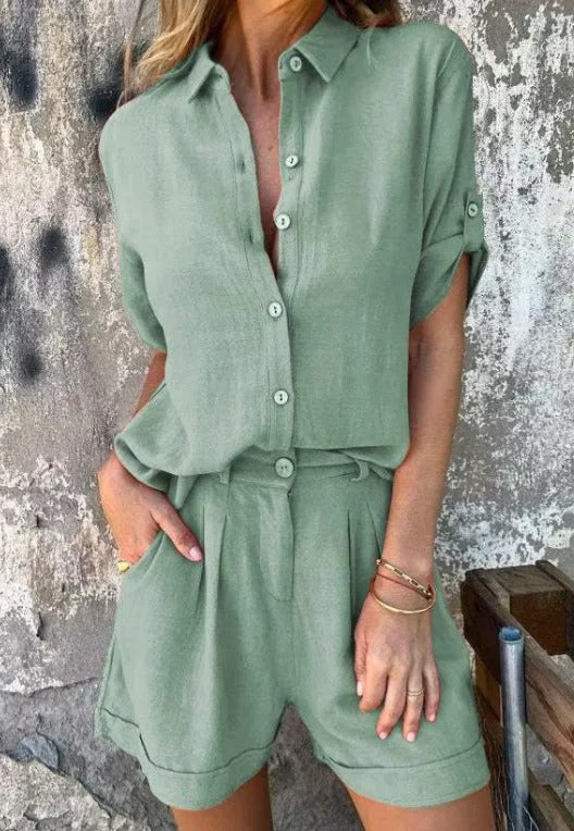 Damen Kurzoverall mit elegantem Hemdkragen und Taillengürtel Drune