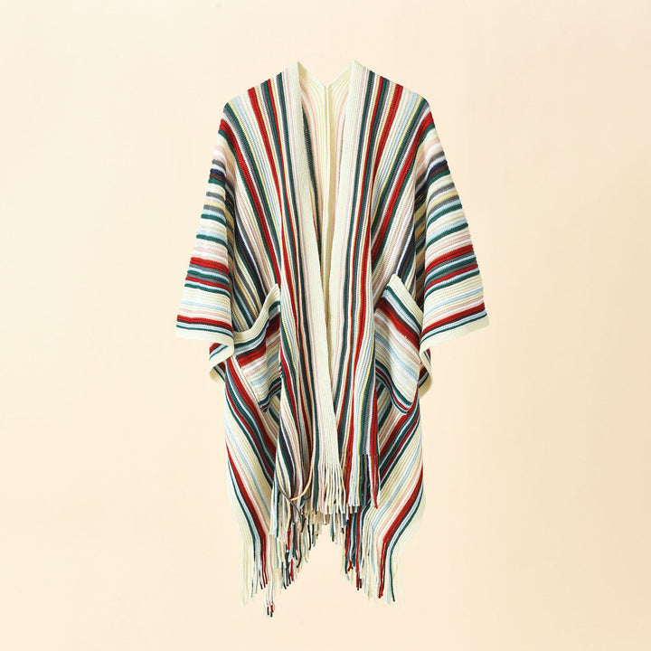 Damen Gestreifter Strickponcho mit Fransen und Eingrifftaschen Drune