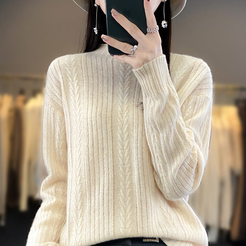 Damen Kaschmirähnlicher Feinstrick-Mockneckpullover mit Ajour‑Zopfmuster und lässiger Oversize‑Passform Drune