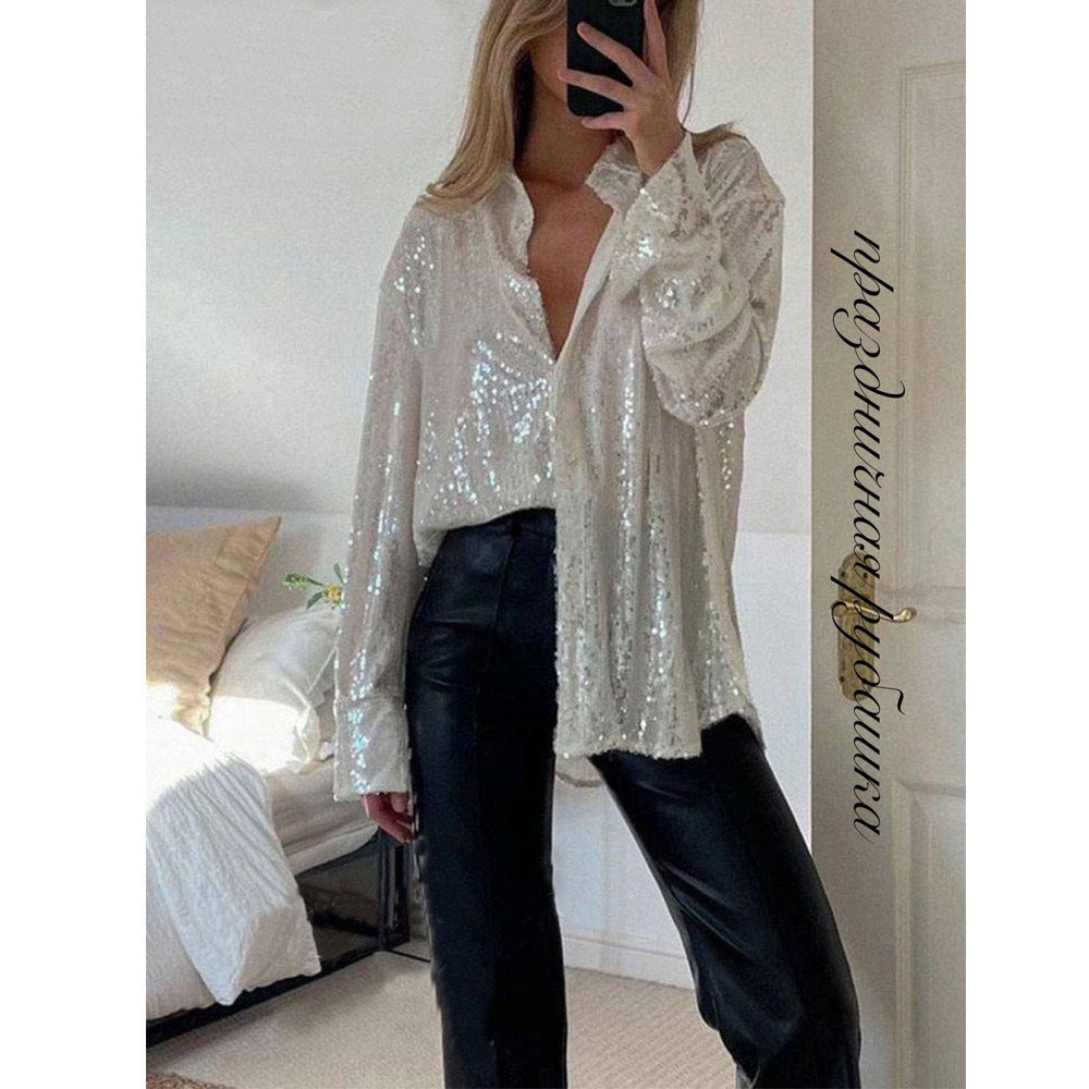 Damen Glitzerndes Langarmhemd mit lässigem Schnitt und eleganten Pailletten Drune