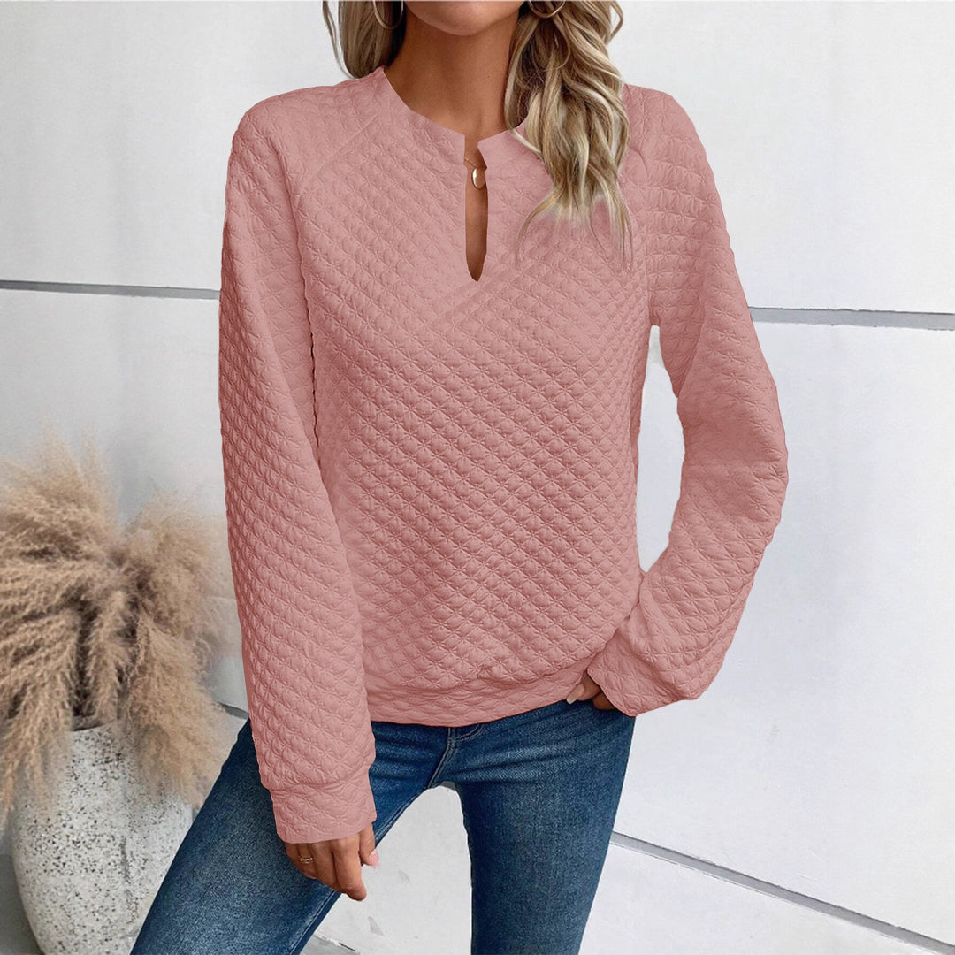 Damen Gestepptes Sweatshirt mit Schlitzkragen, Rautenstruktur und Raglanärmeln Drune