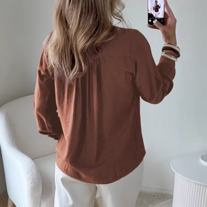 Damen Lockeres Blusenshirt mit V-Ausschnitt, Rüschensaum und goldenen Zierknöpfen Drune