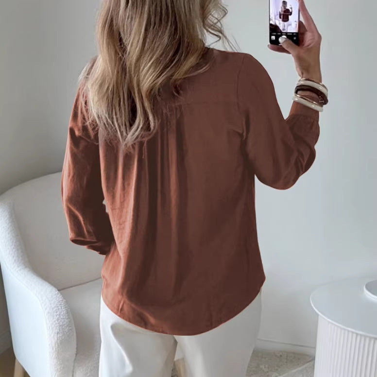 Damen Bluse mit V‑Ausschnitt, geraffter Schulterpasse und Ballonärmeln Drune
