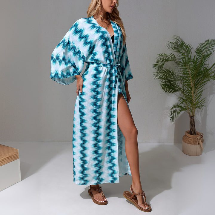 Damen Langer Strandkaftan mit V-Ausschnitt, Taillen-Bindegürtel & hohem Beinschlitz Drune