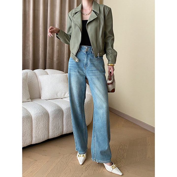 Damen modische Kunstlederjacke im Biker-Stil Drune