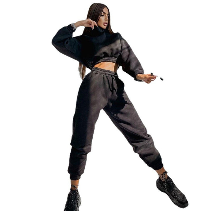 Damen cropped Kapuzen-Sweatset mit elastischem Rippbund und High-Waist Jogginghose Drune
