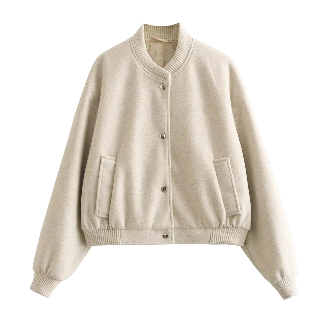 Damen nan kurz geschnittene College-Snapjacke mit geripptem Saum, Bündchen und Eingrifftaschen Drune