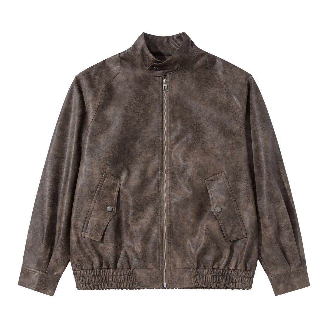 Herren Vintage‑inspirierte Kunstleder‑Bomberjacke mit Funnelkragen, Pattentaschen und elastischem Saum Drune