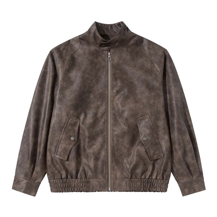 Herren Vintage‑inspirierte Kunstleder‑Bomberjacke mit Funnelkragen, Pattentaschen und elastischem Saum Drune