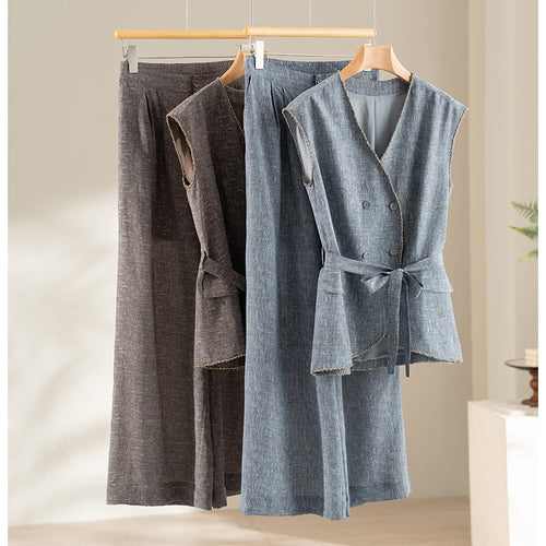 Damen Hochtaillierte Palazzo-Hose aus Leinenmix mit Bundfalten und elastischem Komfortbund Drune