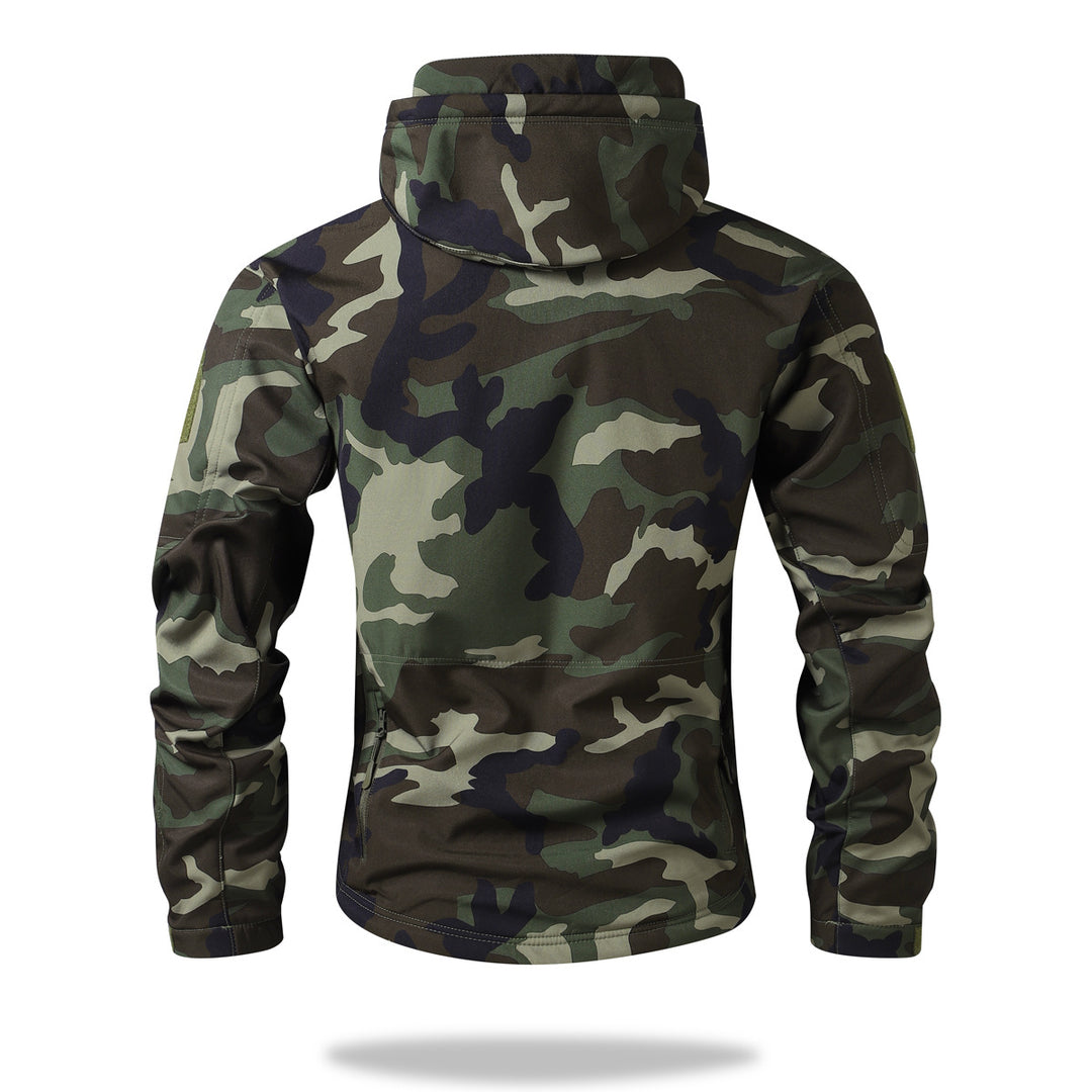 Herren Taktische Softshelljacke mit Kapuze, Camouflage‑Design und Multifachtaschen Drune