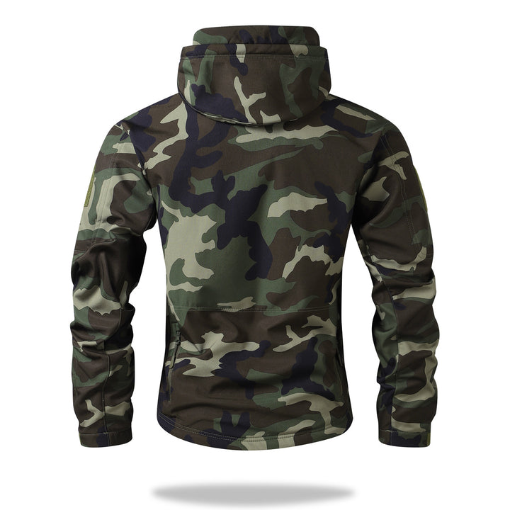 Herren Taktische Softshelljacke mit Kapuze, Camouflage‑Design und Multifachtaschen Drune