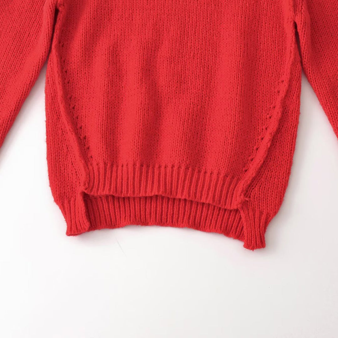 Damen Grobgestrickter Oversize-Pullover mit kurzem Stehkragen und Zierknotendetail Drune