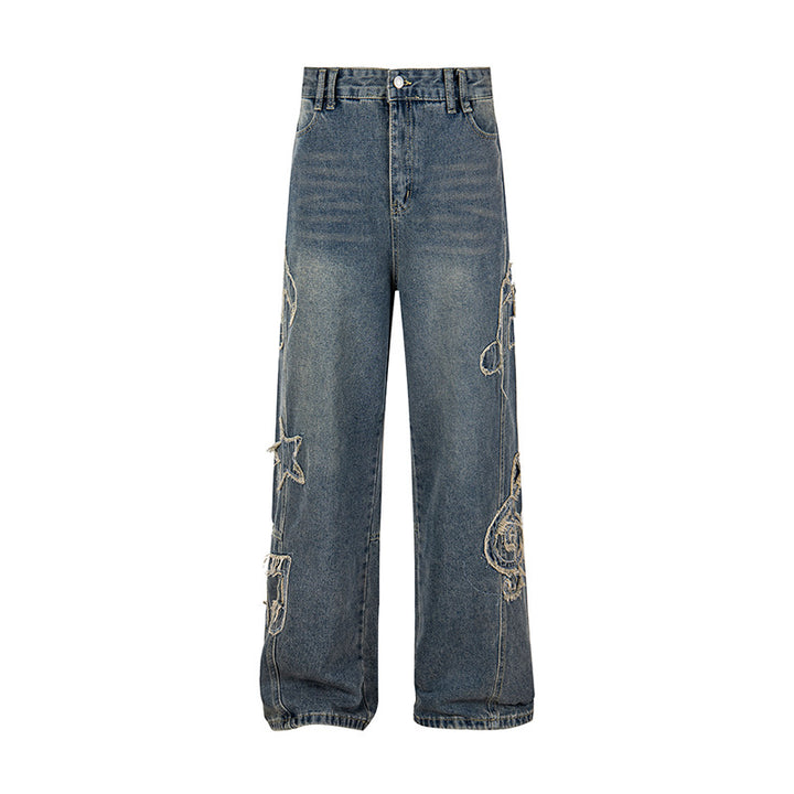 Damen Jeans mit hohem Bund, weitem Beinverlauf, Stick- und Destroy-Details Drune