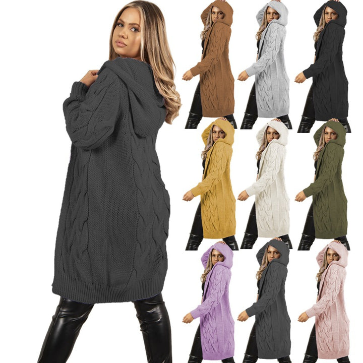 Damen Strickmantel mit Kapuze und Zopfdesign Drune