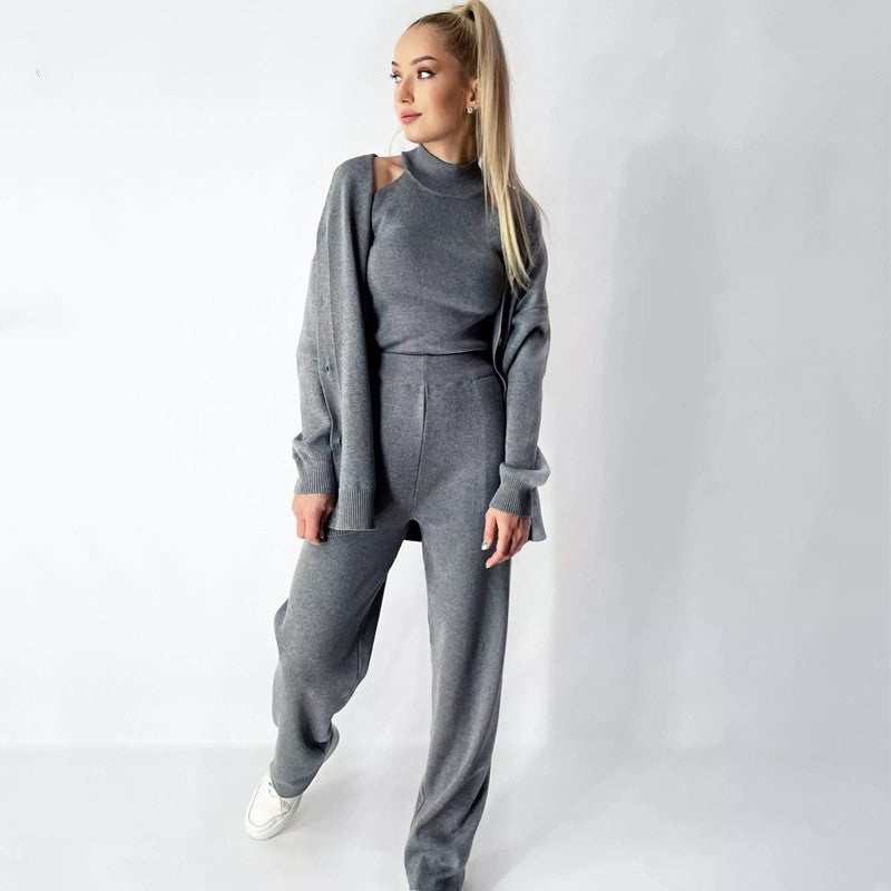 Damen elegantes Strick-Lounge-Set mit hohem Kragen und weiter Passform Drune