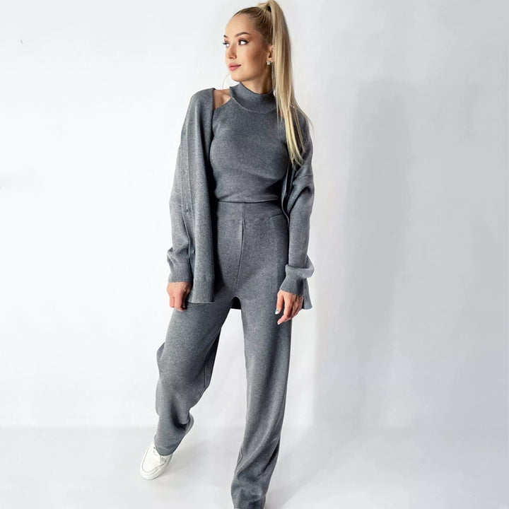 Damen elegantes Strick-Lounge-Set mit hohem Kragen und weiter Passform Drune