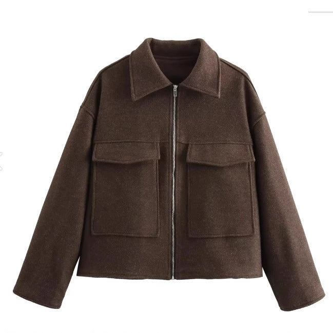 Damen 60+ Boxy Kurzjacke aus Wollmix mit Reißverschluss und aufgesetzten Pattentaschen Drune