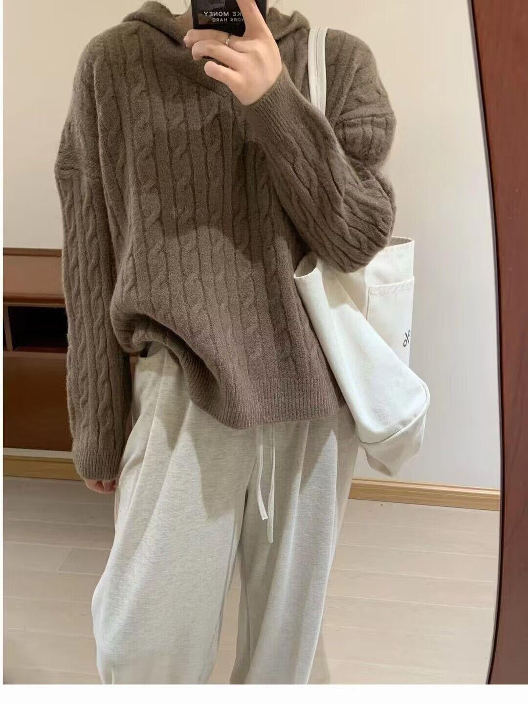 Damen Grobstrickpullover mit Kapuze und Zopfmuster Drune