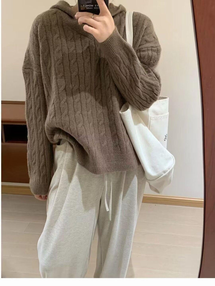 Damen Grobstrickpullover mit Kapuze und Zopfmuster Drune
