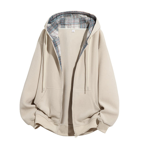 Herren Oversize-Kapuzenjacke mit kariert gefütterter Innenseite, Reißverschluss und Kängurutaschen Drune